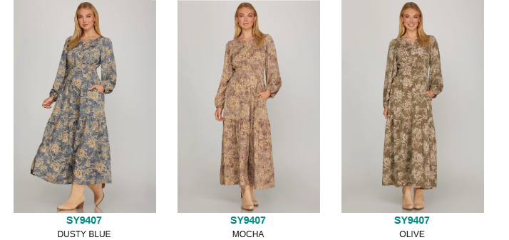 Long sleeve olive woven scroll print tiered maxi dress by ModestAndDevoted, featuring flowing fabric and elegant design.