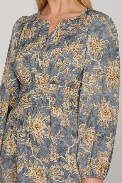 Long sleeve woven scroll print tiered maxi dress in dusty blue by ModestAndDevoted, flowing and elegant for casual or formal wear.