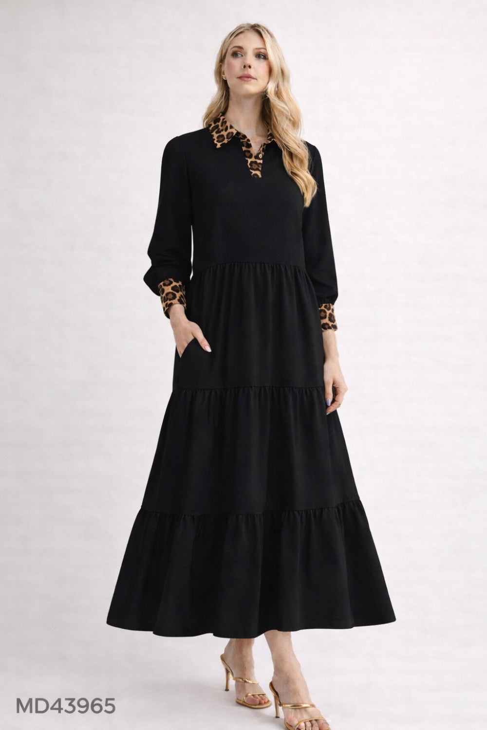 ModestAndDevoted tiered maxi dress with leopard print details, long flowy dress, modest style, perfect for casual or formal wear.