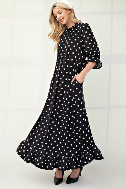 Polka dot 3/4 sleeve ruffle trim dress by ModestAndDevoted, featuring a flattering fit and stylish design for missy sizes.
