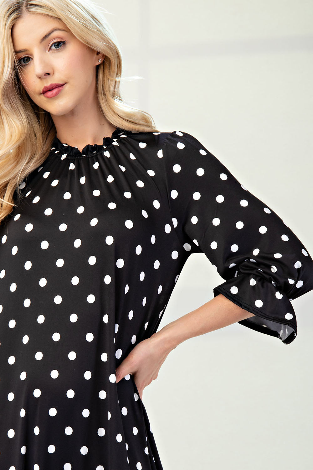 Polka dot 3/4 sleeve ruffle trim dress by ModestAndDevoted, stylish missy size with feminine ruffle details and comfortable fit.