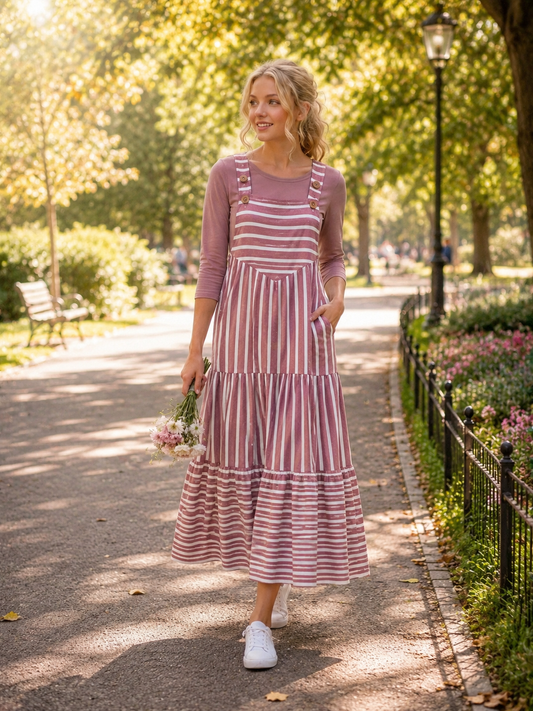 ModestAndDevoted Comfy Cute Overall Jumper Dress for women, sage green and stripe pattern, casual and stylish dress.