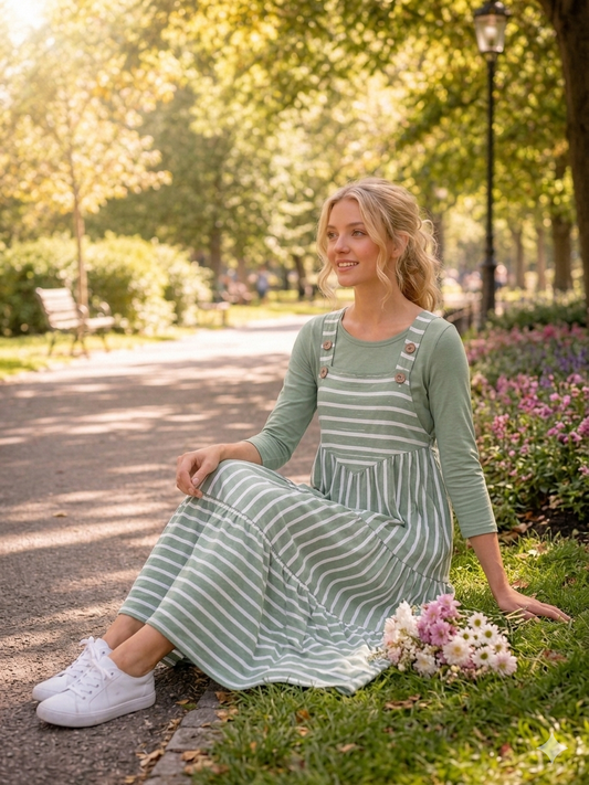 ModestAndDevoted comfy cute overall jumper dress for women, sage stripe pattern, casual and stylish for everyday wear.