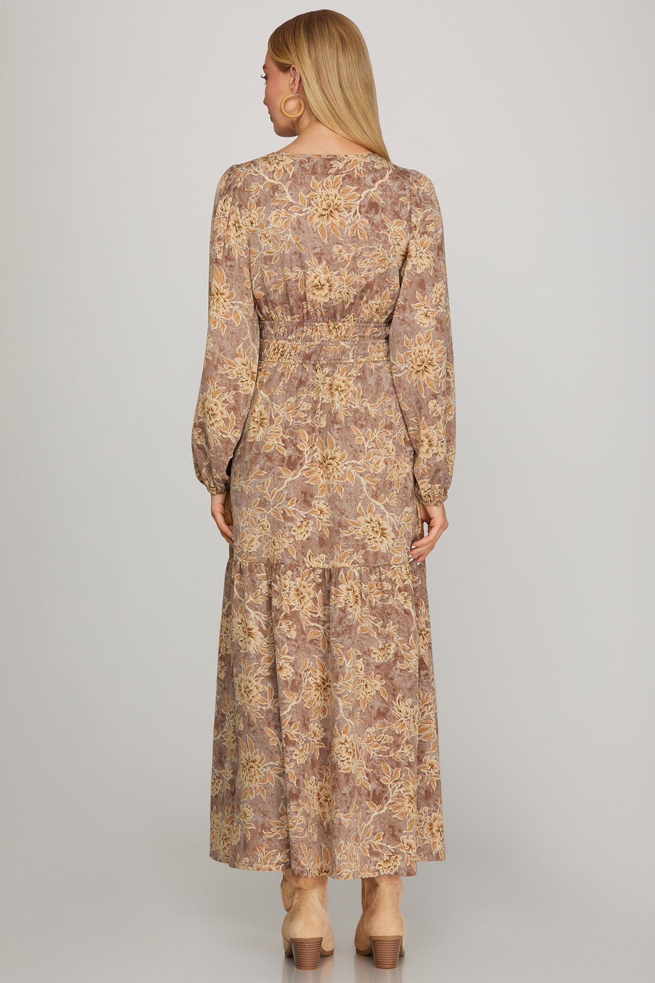 Long sleeve woven scroll print tiered maxi dress in mocha mauve by ModestAndDevoted, featuring a flowing silhouette and elegant design.