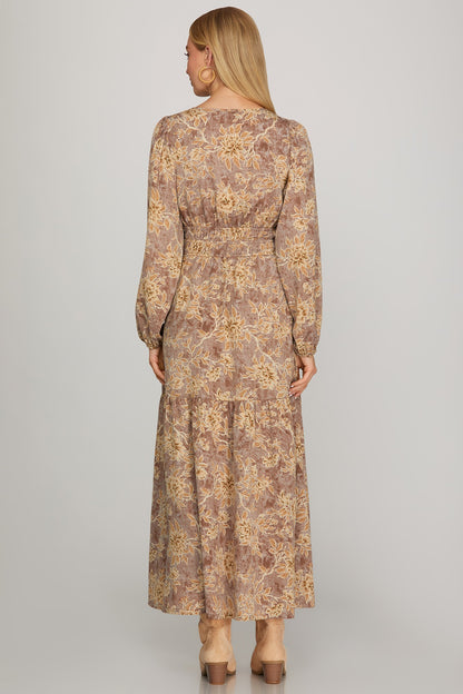 Long sleeve woven scroll print tiered maxi dress in mocha mauve by ModestAndDevoted, featuring a flowing silhouette and elegant design.