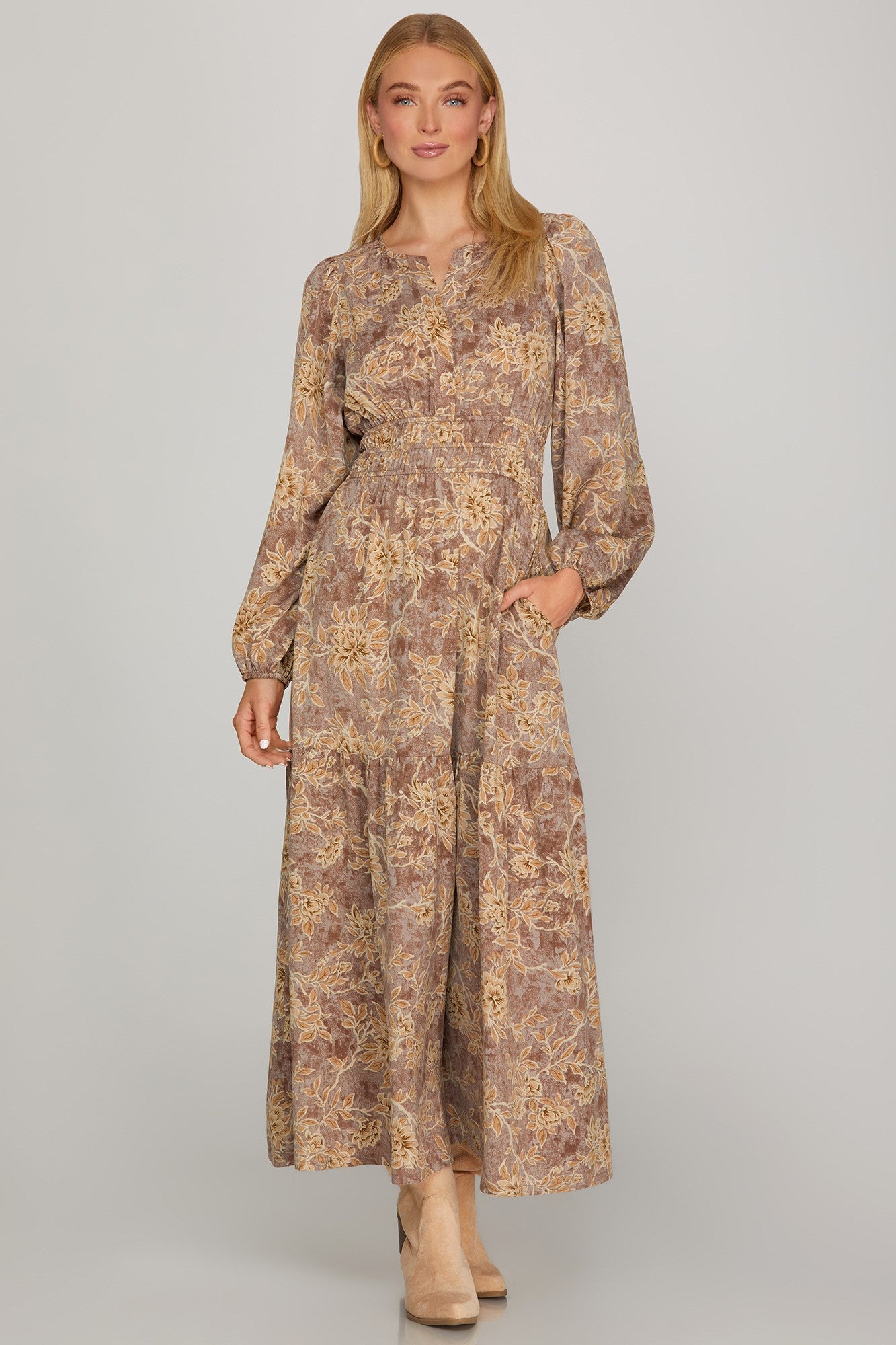 Long sleeve woven scroll print tiered maxi dress in mocha mauve from ModestAndDevoted, featuring a flowing silhouette and elegant design.