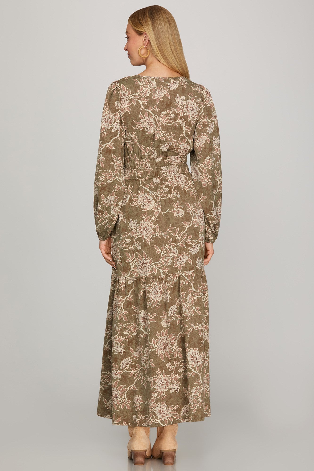Plus size long sleeve woven scroll print tiered maxi dress in olive, featuring a flowy silhouette and tiered design.
