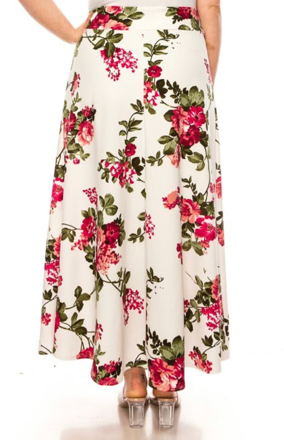 ModestAndDevoted dressy floral print maxi A-line skirt in soft pink with elegant flowy design, perfect for dressy occasions.