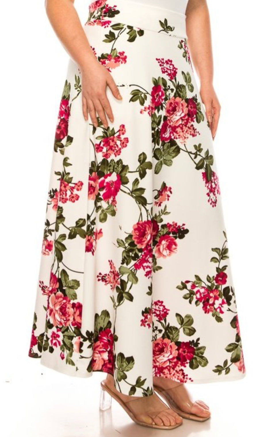 Dressy floral print maxi A-line skirt by ModestAndDevoted, featuring a flowy silhouette and vibrant floral pattern.