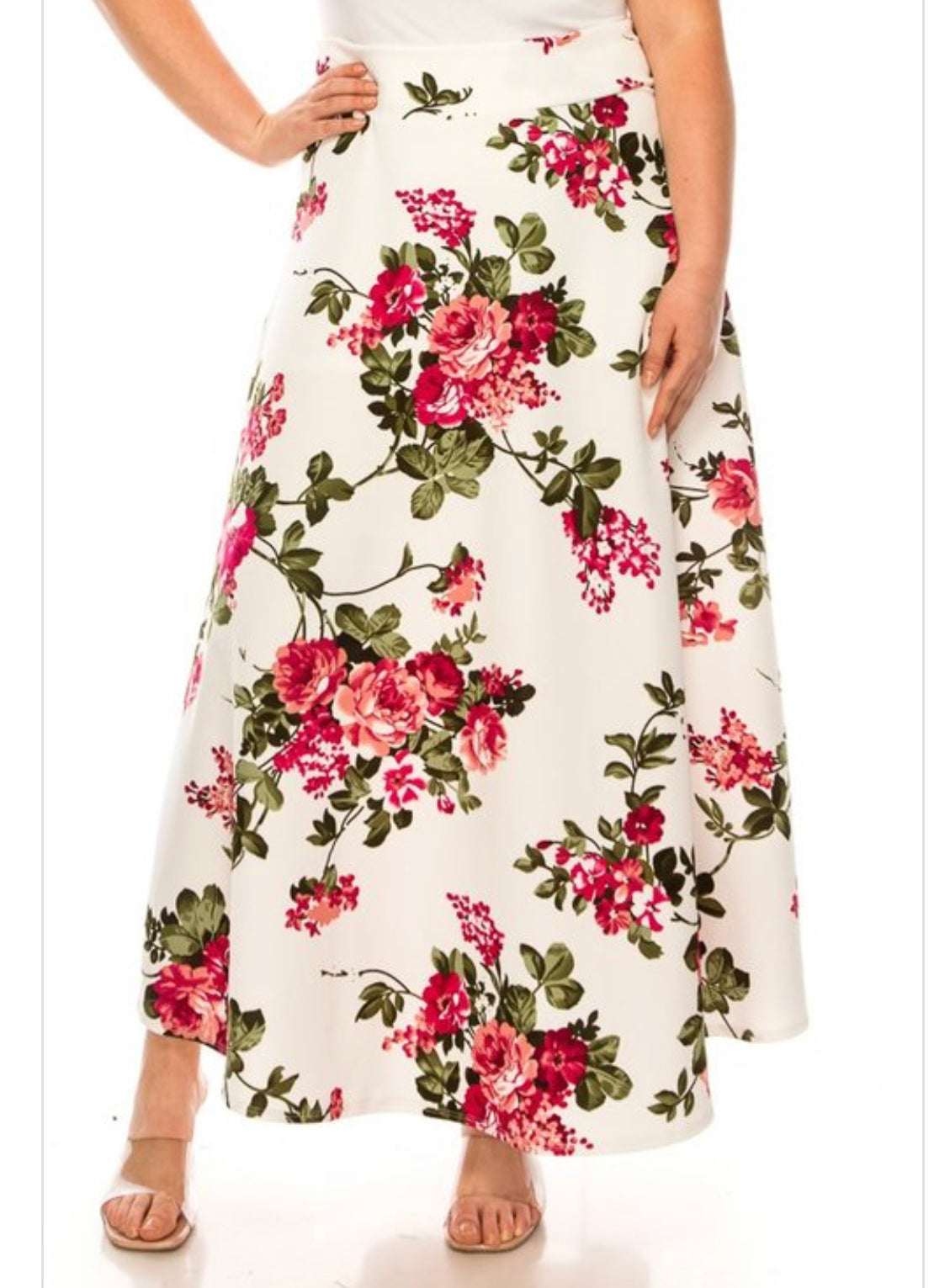 ModestAndDevoted floral print maxi A-line skirt, dressy style with elegant floral design and flowing silhouette.
