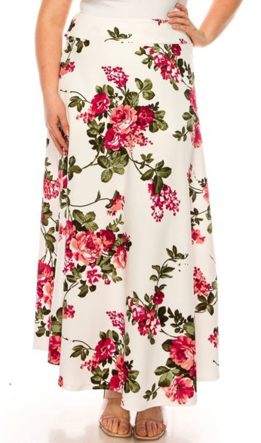 Dressy floral print maxi A-line skirt by ModestAndDevoted, lightweight flowy skirt with vibrant floral pattern.