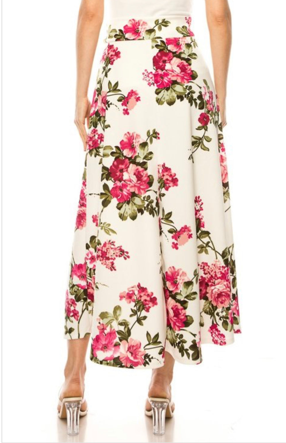 Dressy floral print maxi A-line skirt by ModestAndDevoted, featuring a flowy design and vibrant floral patterns.