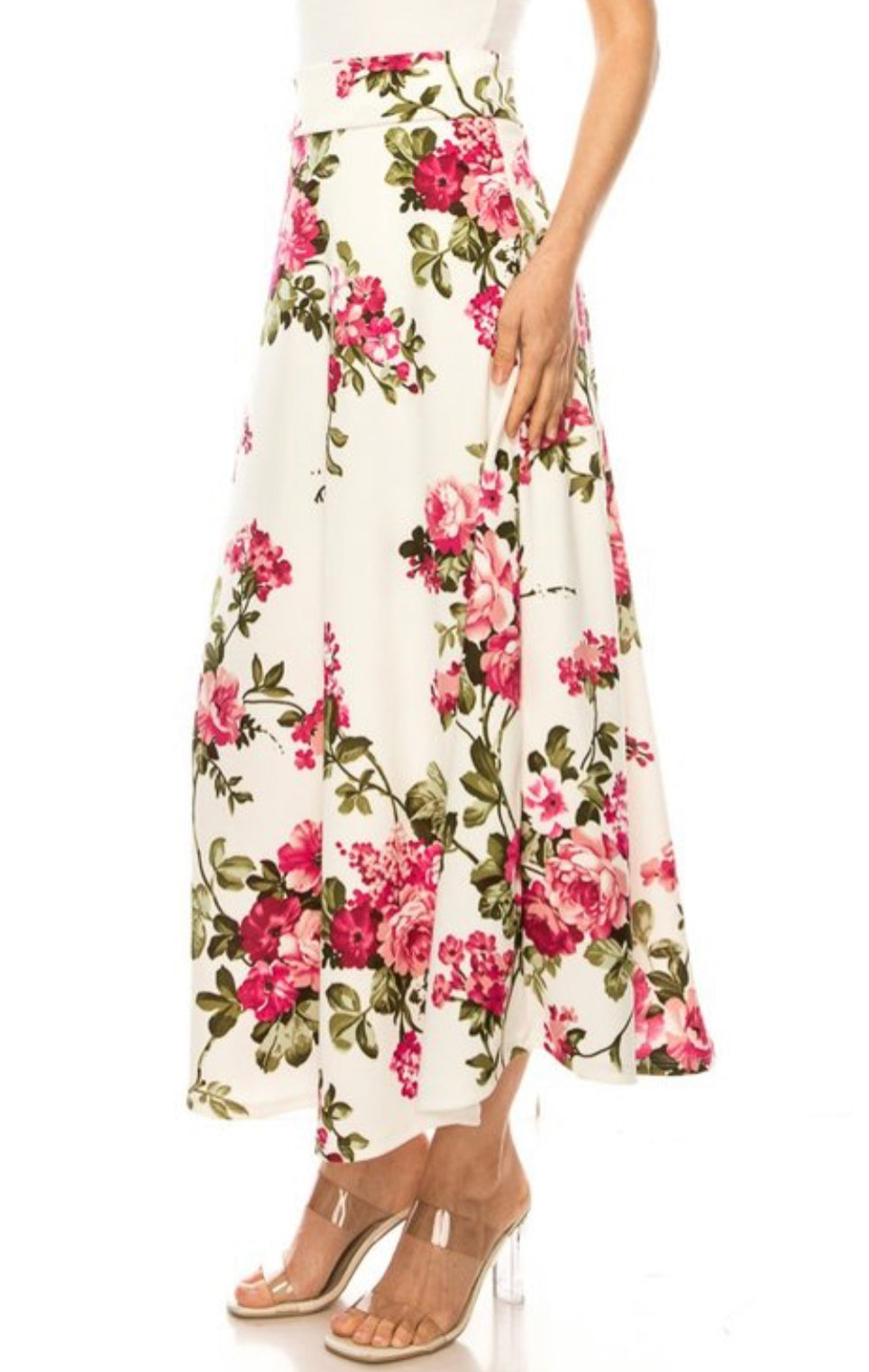 Dressy floral print maxi A-line skirt by ModestAndDevoted, featuring a flowy design and vibrant floral pattern.
