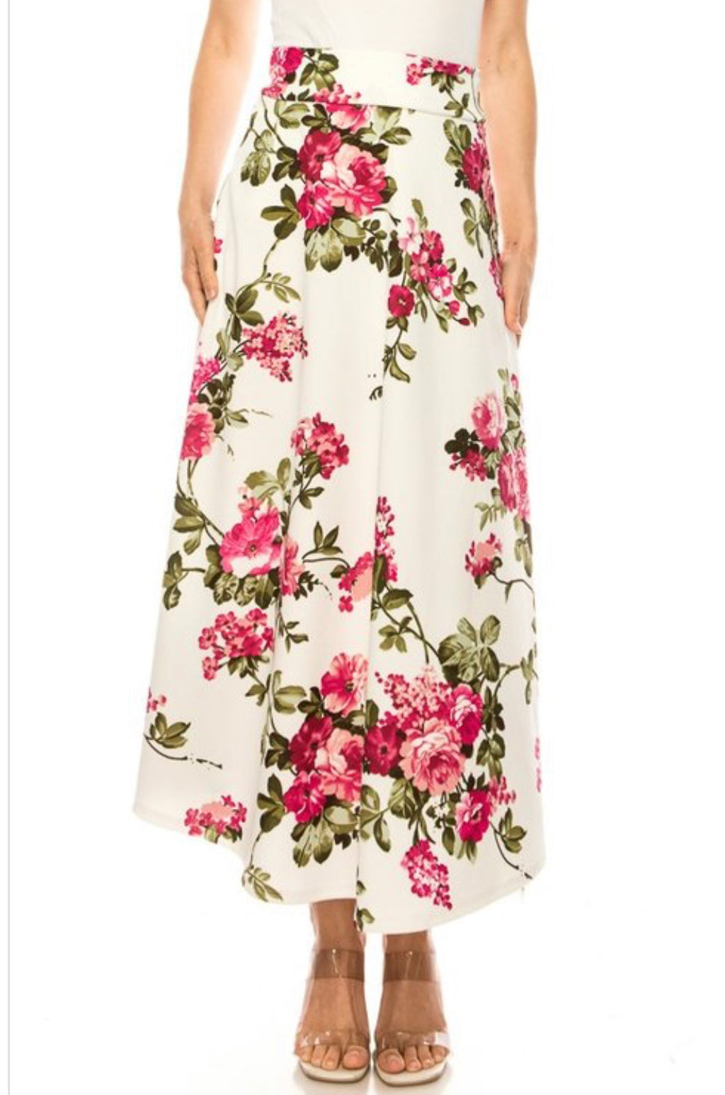 Dressy floral print maxi A-line skirt by ModestAndDevoted, featuring a flowy design and vibrant floral pattern.