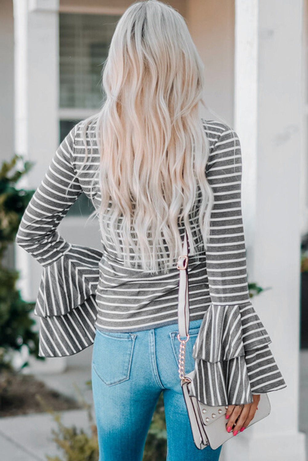 Gray double bell sleeves stripe dressy top by ModestAndDevoted, featuring stylish bell sleeves and a chic striped pattern.