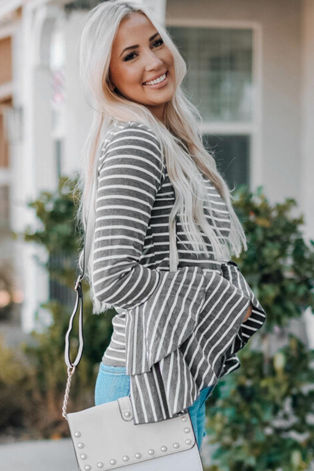 Gray double bell sleeves striped dressy top by ModestAndDevoted, featuring stylish sleeve details and a flattering fit.