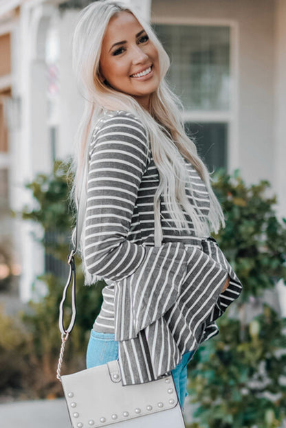 Gray double bell sleeves striped dressy top by ModestAndDevoted, featuring stylish sleeve details and a flattering fit.