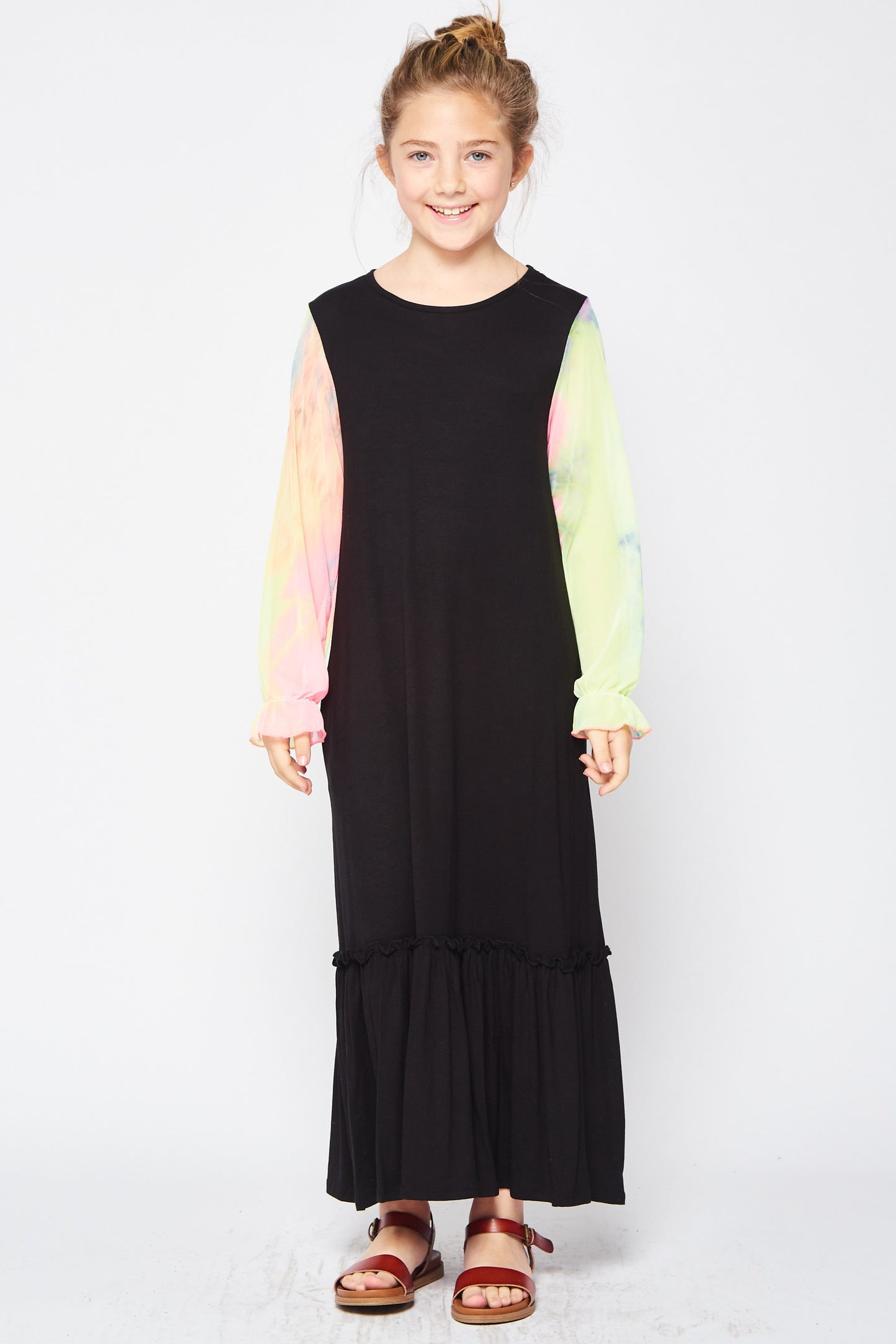 Girls Tiedye Organza Sleeve Maxi Dress by ModestAndDevoted, black dress with colorful tie-dye sleeves and flowy fabric.