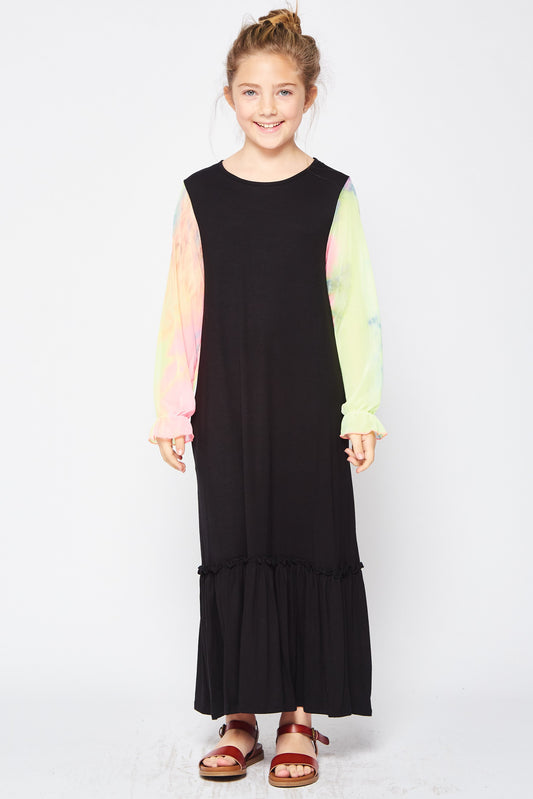 Girls Tiedye Organza Sleeve Maxi Dress by ModestAndDevoted, black dress with colorful tie-dye sleeves and flowy fabric.