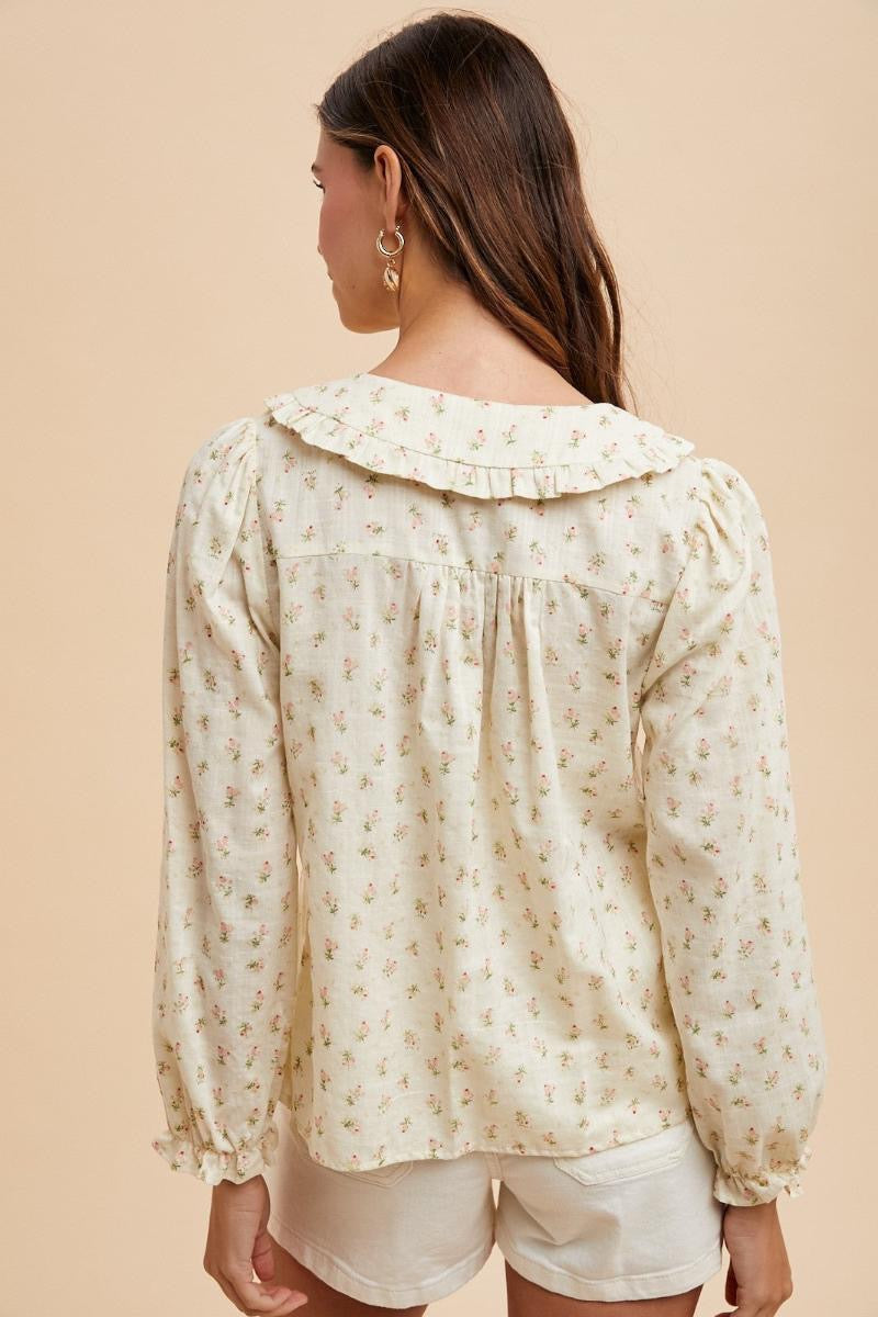 Dainty Ditsy Floral Button Down Top with Peter Pan Collar, long sleeve blouse by ModestAndDevoted, featuring floral pattern and classic collar.