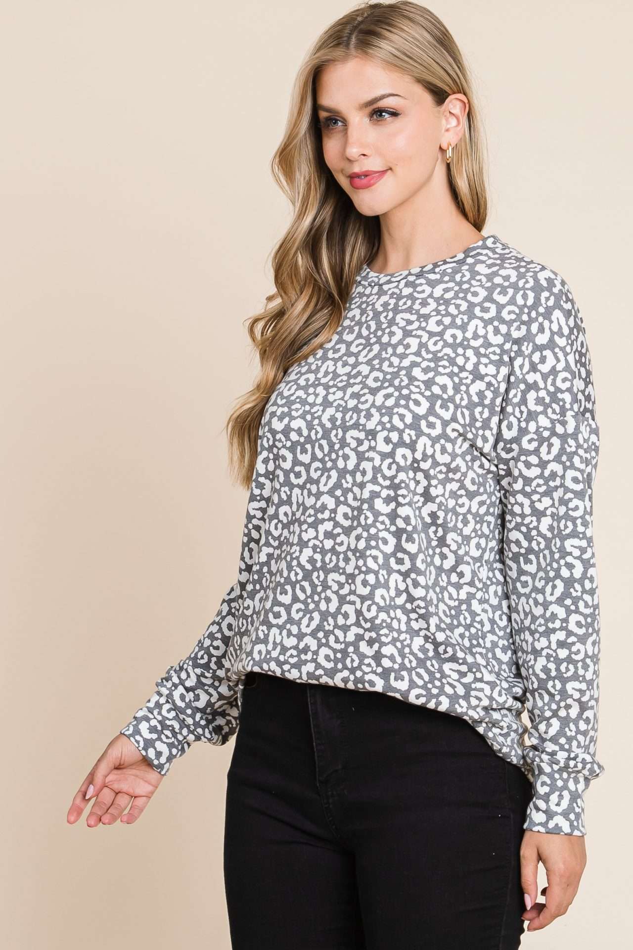 ModestAndDevoted long sleeve animal print top in grey, featuring a stylish casual design with a comfortable fit.