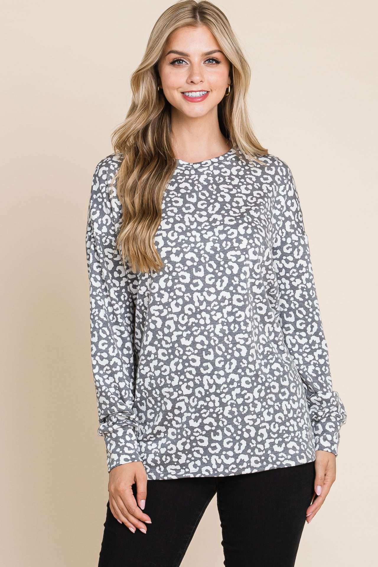 Grey ModestAndDevoted Bombom TL-1450-LE long sleeve animal print top, shown with detailed fabric and fit.