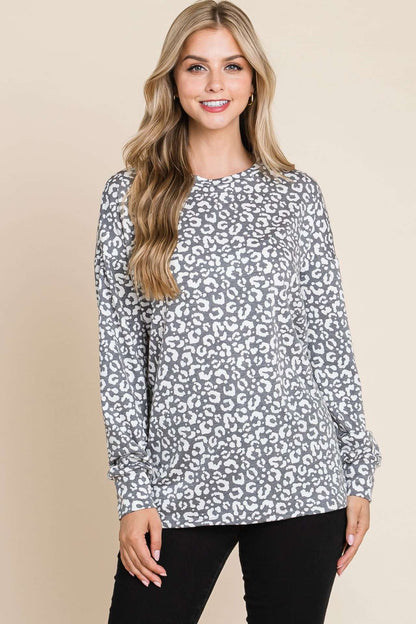 Grey ModestAndDevoted Bombom TL-1450-LE long sleeve animal print top, shown with detailed fabric and fit.