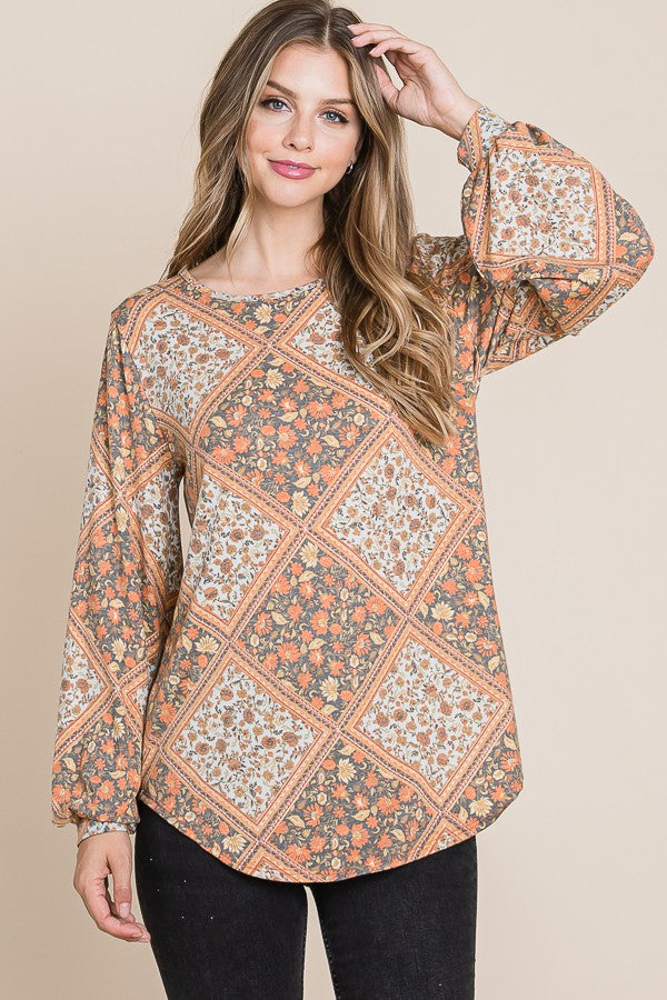 ModestAndDevoted Bombom long sleeve Jacquard boho top in rust and cream with intricate pattern, fitted style, and round neckline.
