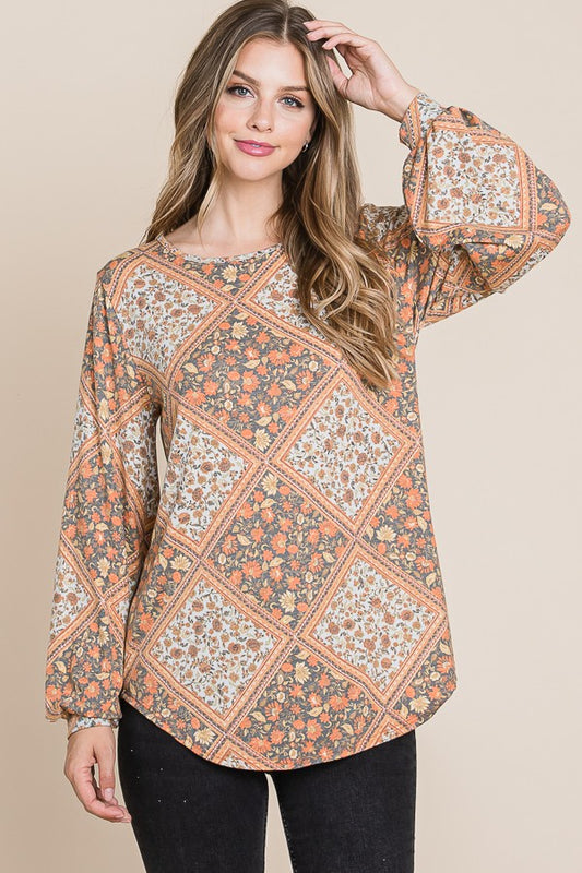 ModestAndDevoted Bombom long sleeve Jacquard boho top in rust and cream with intricate pattern, fitted style, and round neckline.