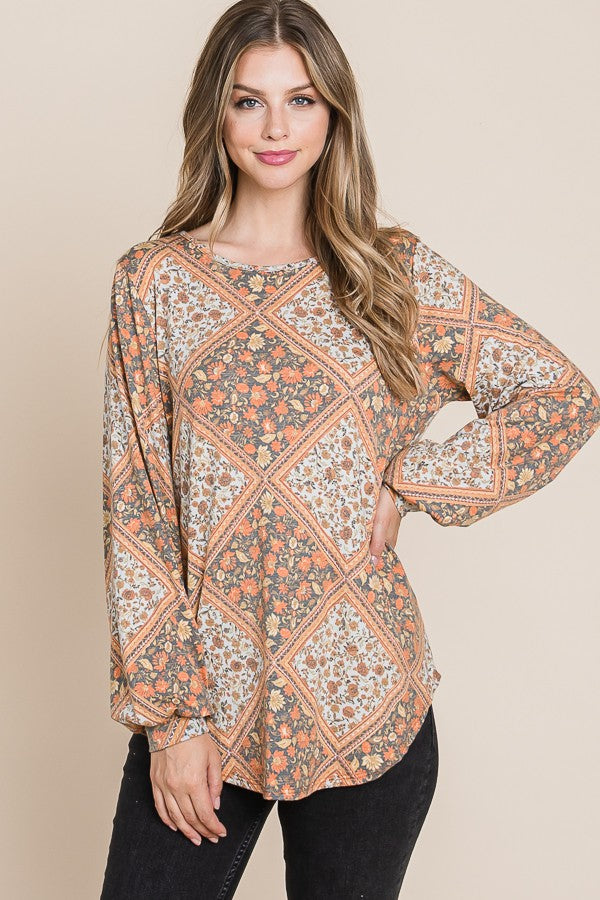 ModestAndDevoted Bombom long sleeve Jacquard boho top in rust and cream with intricate pattern and relaxed fit.