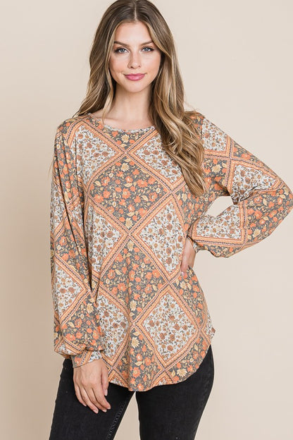 ModestAndDevoted Bombom long sleeve Jacquard boho top in rust and cream with intricate pattern and relaxed fit.