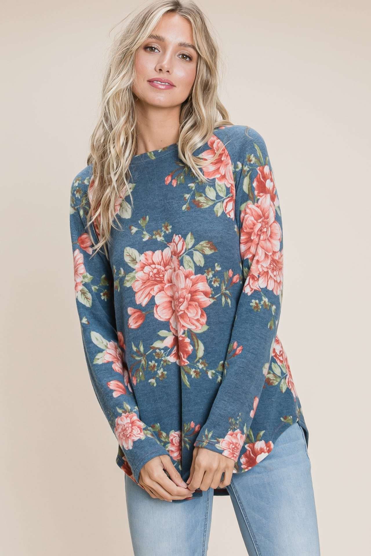 ModestAndDevoted women's long sleeve floral print top with relaxed fit, perfect for casual or everyday wear.