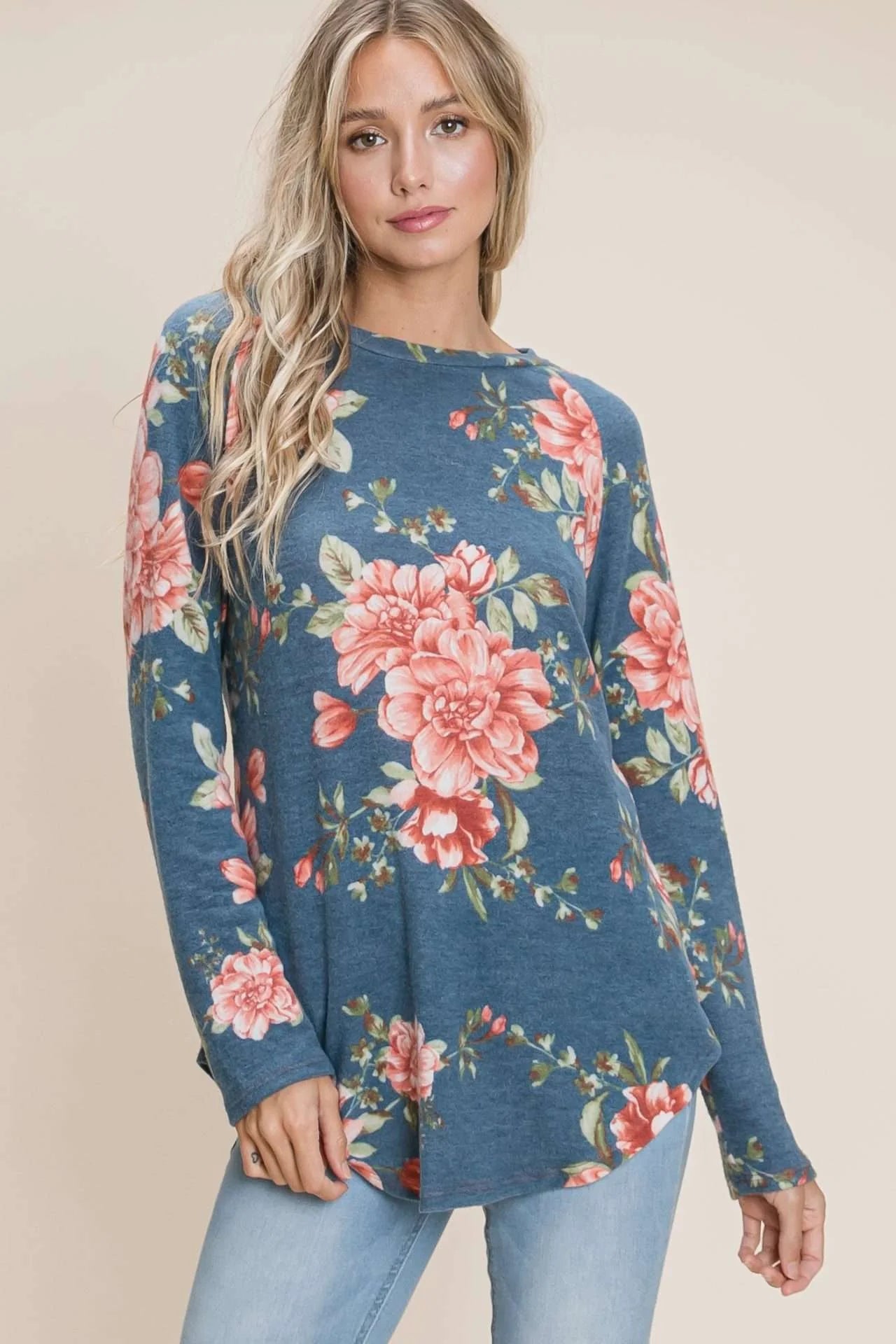 ModestAndDevoted floral print long sleeve top for women, relaxed fit, stylish casual blouse with vibrant floral design.