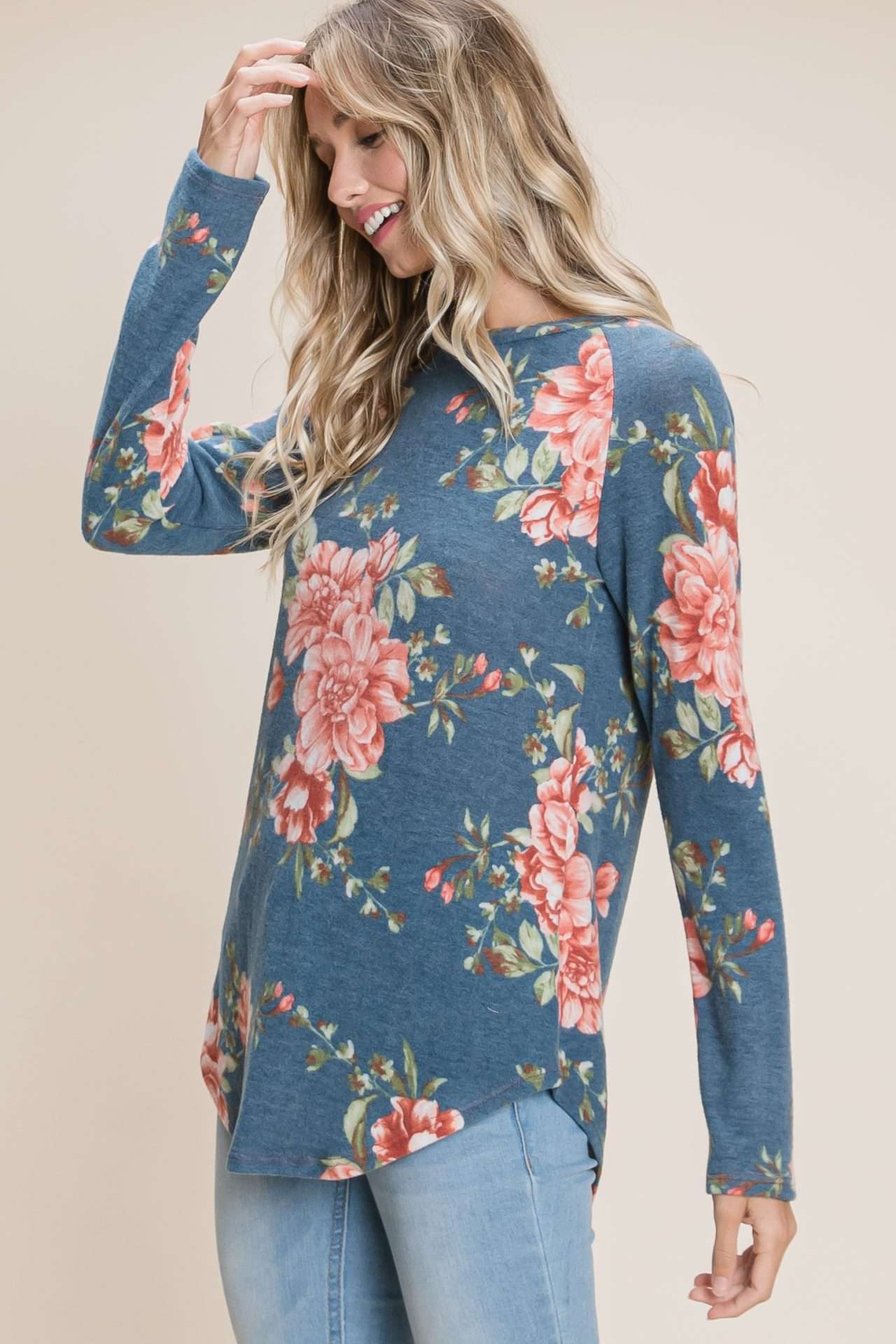 ModestAndDevoted floral print long sleeve top with relaxed fit for women, featuring a stylish and comfortable design.