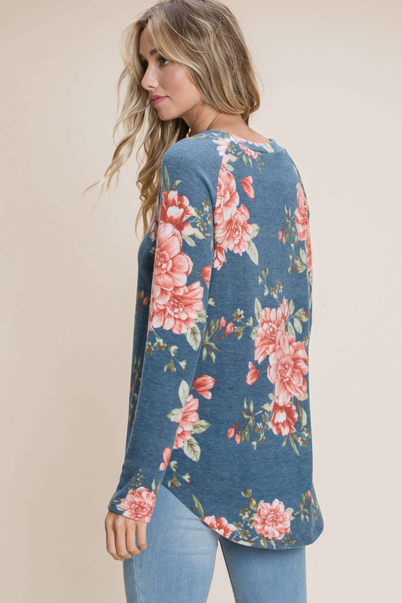 ModestAndDevoted floral print long sleeve top with relaxed fit for women, featuring a stylish and comfortable design.