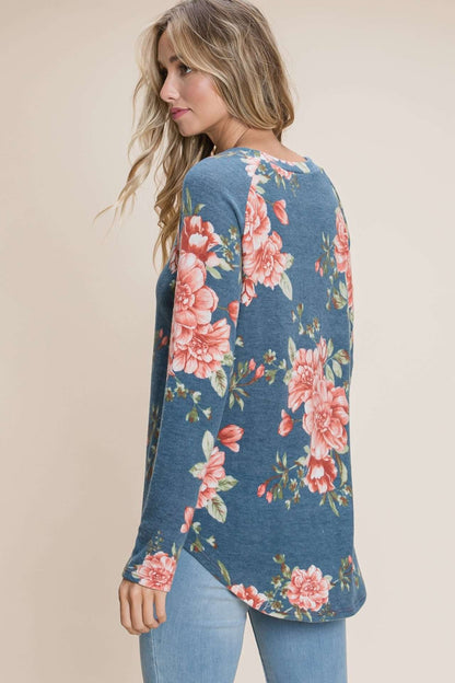 ModestAndDevoted floral print long sleeve top with relaxed fit for women, featuring a stylish and comfortable design.