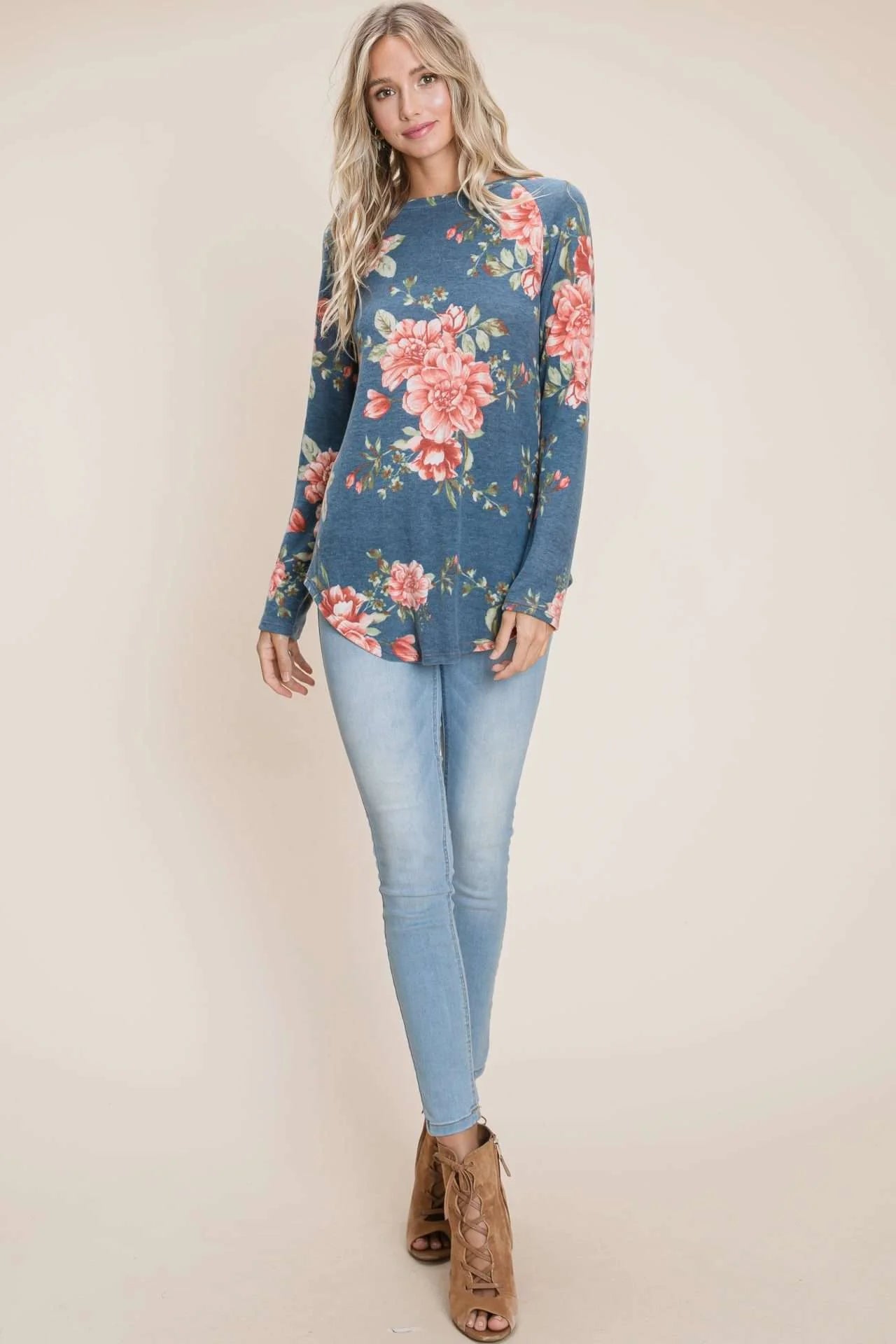 ModestAndDevoted women's floral print long sleeve top with relaxed fit, casual style, perfect for everyday wear.