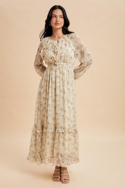 ModestAndDevoted ruffled floral maxi dress in vintage creme with a flowing silhouette and delicate floral pattern.