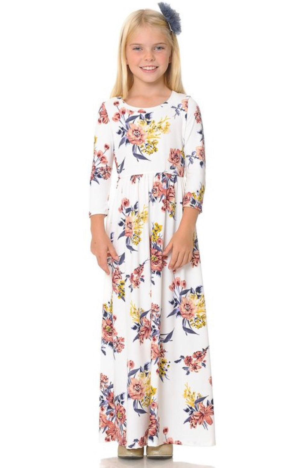 Royal blue girls' floral print maxi dress by ModestAndDevoted, featuring a flowy design and vibrant floral pattern.
