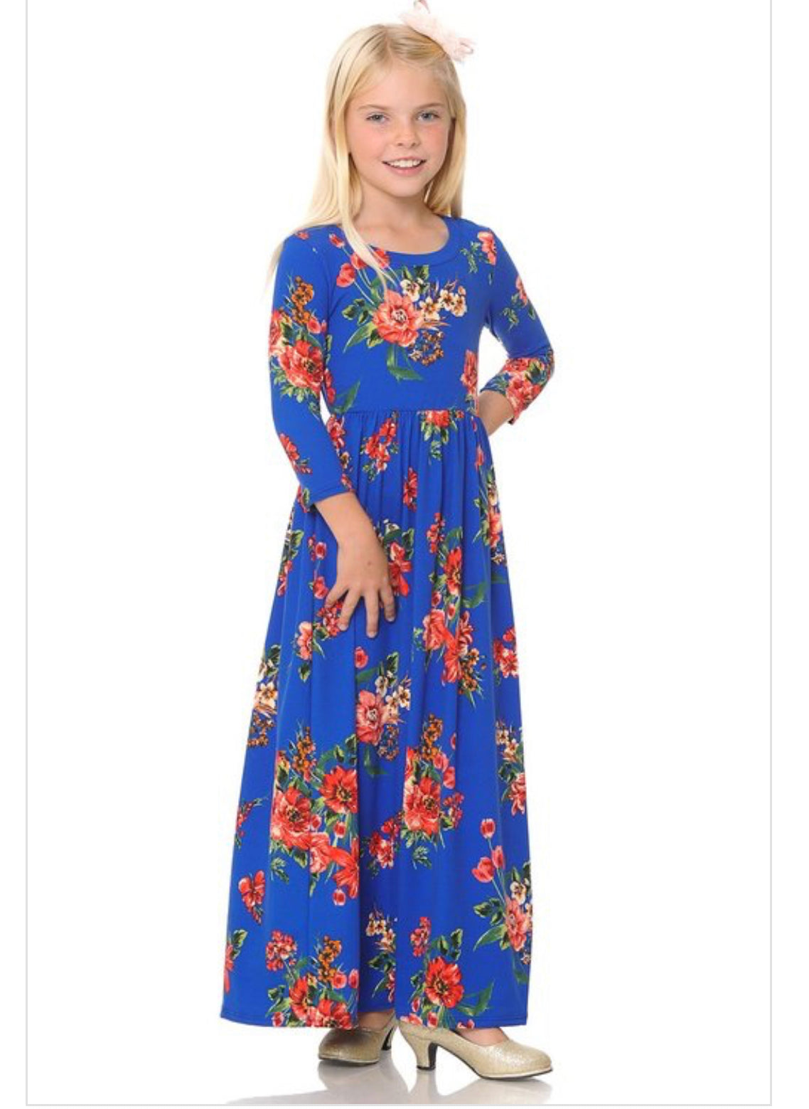 Girls royal blue floral print maxi dress by ModestAndDevoted, featuring a lightweight, flowy design perfect for warm weather.
