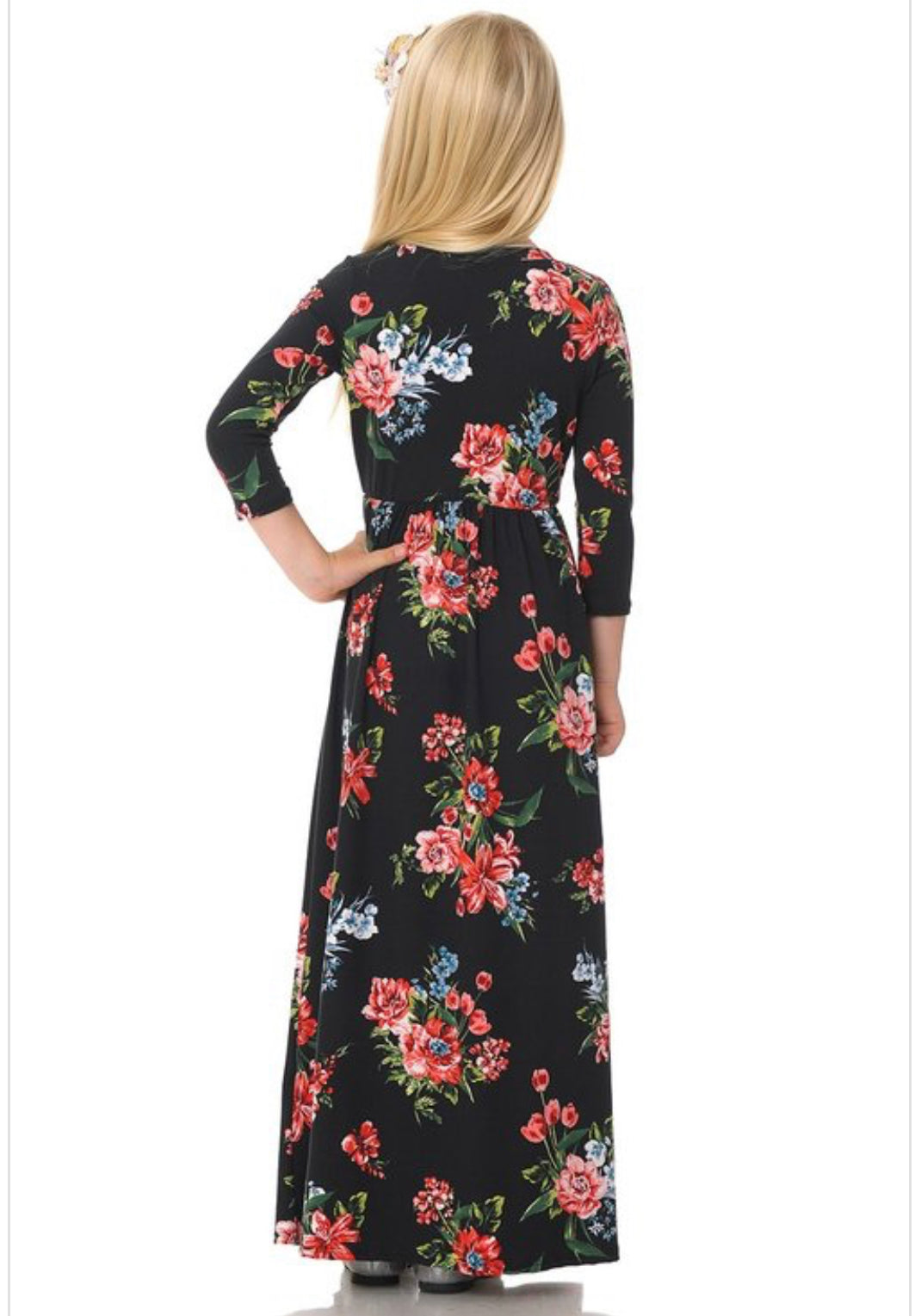Royal blue girls' floral print maxi dress by ModestAndDevoted, featuring a comfortable, flowy design for special occasions.