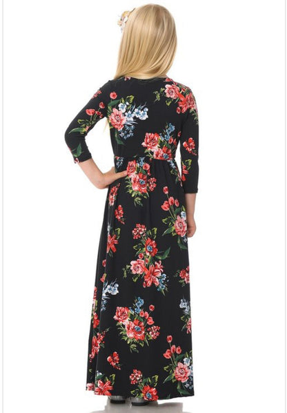 Royal blue girls' floral print maxi dress by ModestAndDevoted, featuring a comfortable, flowy design for special occasions.