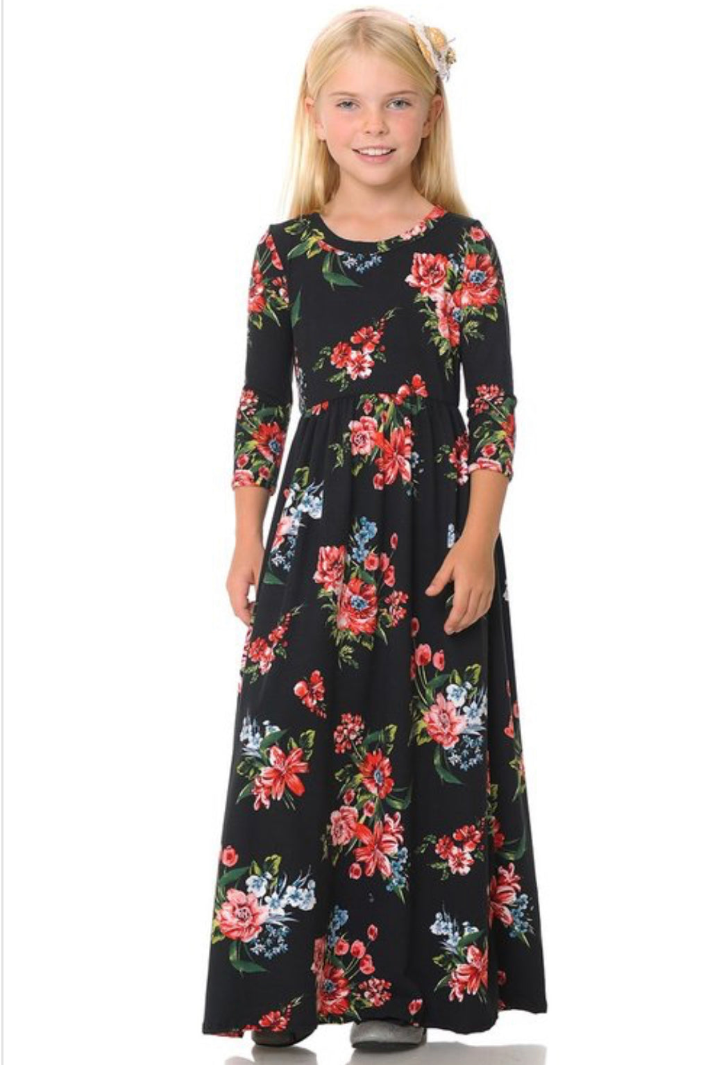 Girls floral print maxi dress by ModestAndDevoted in royal blue with colorful floral pattern, perfect for special occasions.