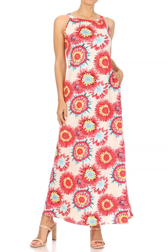 Multicolor Miss M round neck maxi dress by ModestAndDevoted, featuring a flowing design and long sleeves.