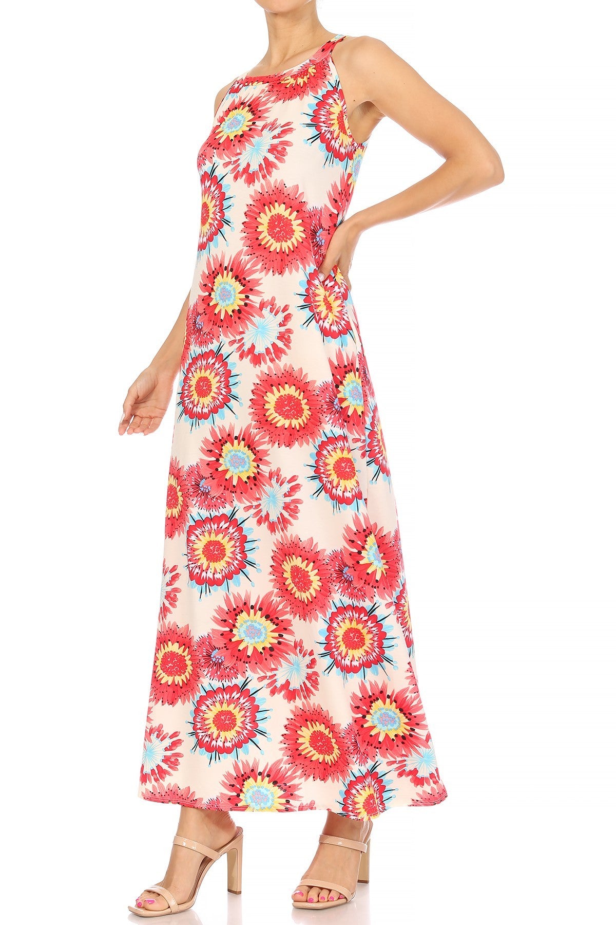 Multicolor Miss M round neck maxi dress by ModestAndDevoted, featuring a flowing silhouette and vibrant pattern.