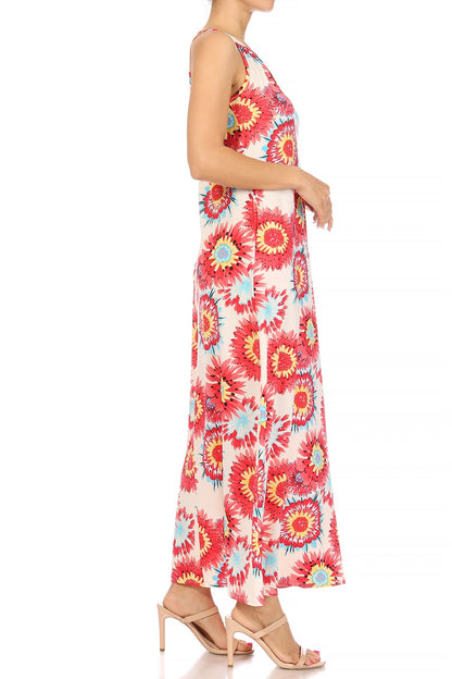 Multicolor Miss M round neck maxi dress by ModestAndDevoted, featuring a flowing silhouette and vibrant pattern.
