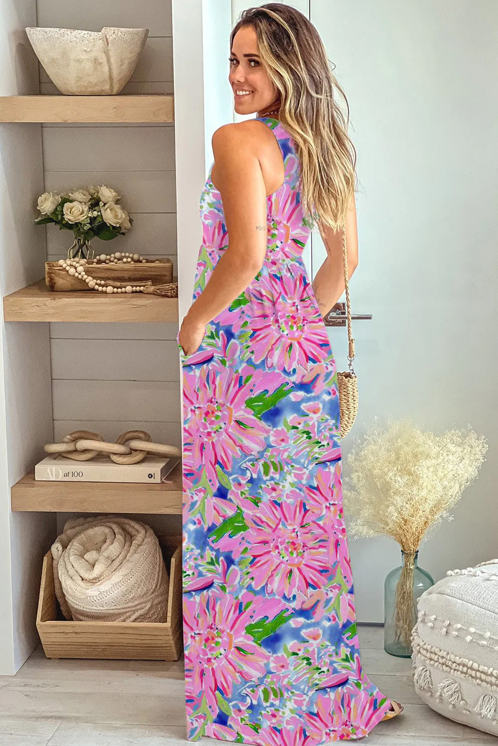 ModestAndDevoted summer floral sleeveless maxi dress with pockets in small multicolor print, perfect for warm-weather wear.