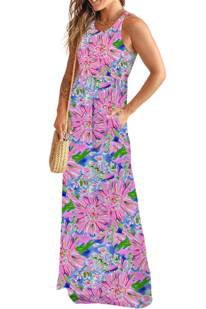 ModestAndDevoted summer floral sleeveless maxi dress with pockets, multicolor design, lightweight fabric, and a flowing silhouette.