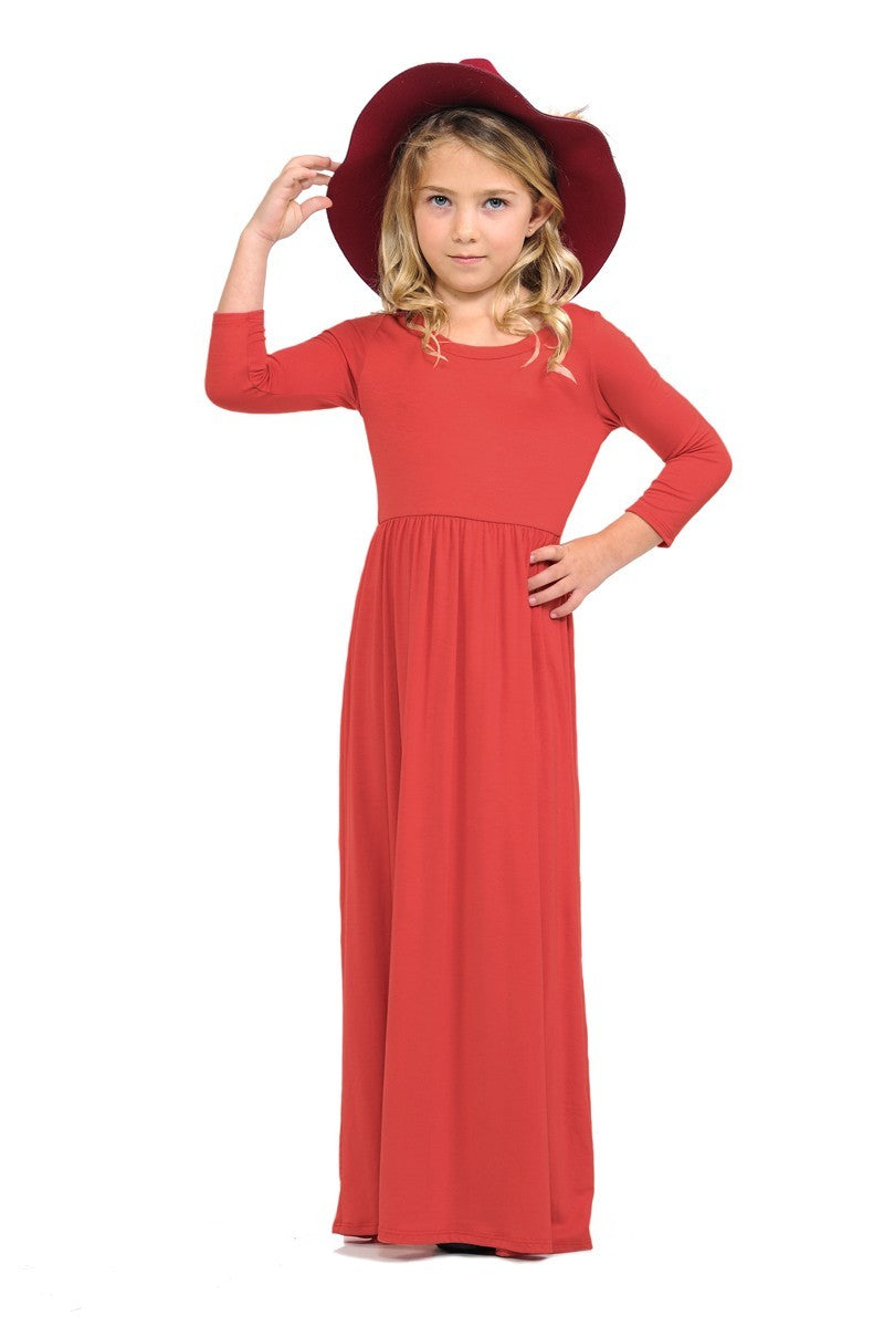 Girls solid peach maxi dress by ModestAndDevoted, featuring a comfortable, flowing design perfect for warm weather.