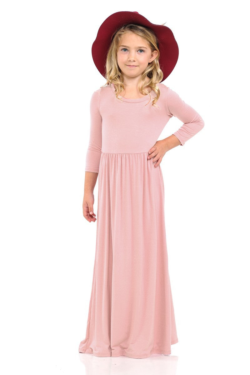 Girls solid peach maxi dress by ModestAndDevoted, flowing style with a simple, elegant design for casual or special occasions.